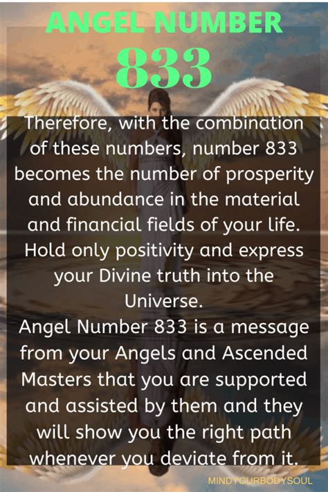 833 angel number meaning - Meaning of Angel Number 833 The angel number 833 is a special code sent to us from the divine realm by our guardian angels. It’s an invitation to listen and comprehend what your higher self has to say, so that you can make the right choices in life.